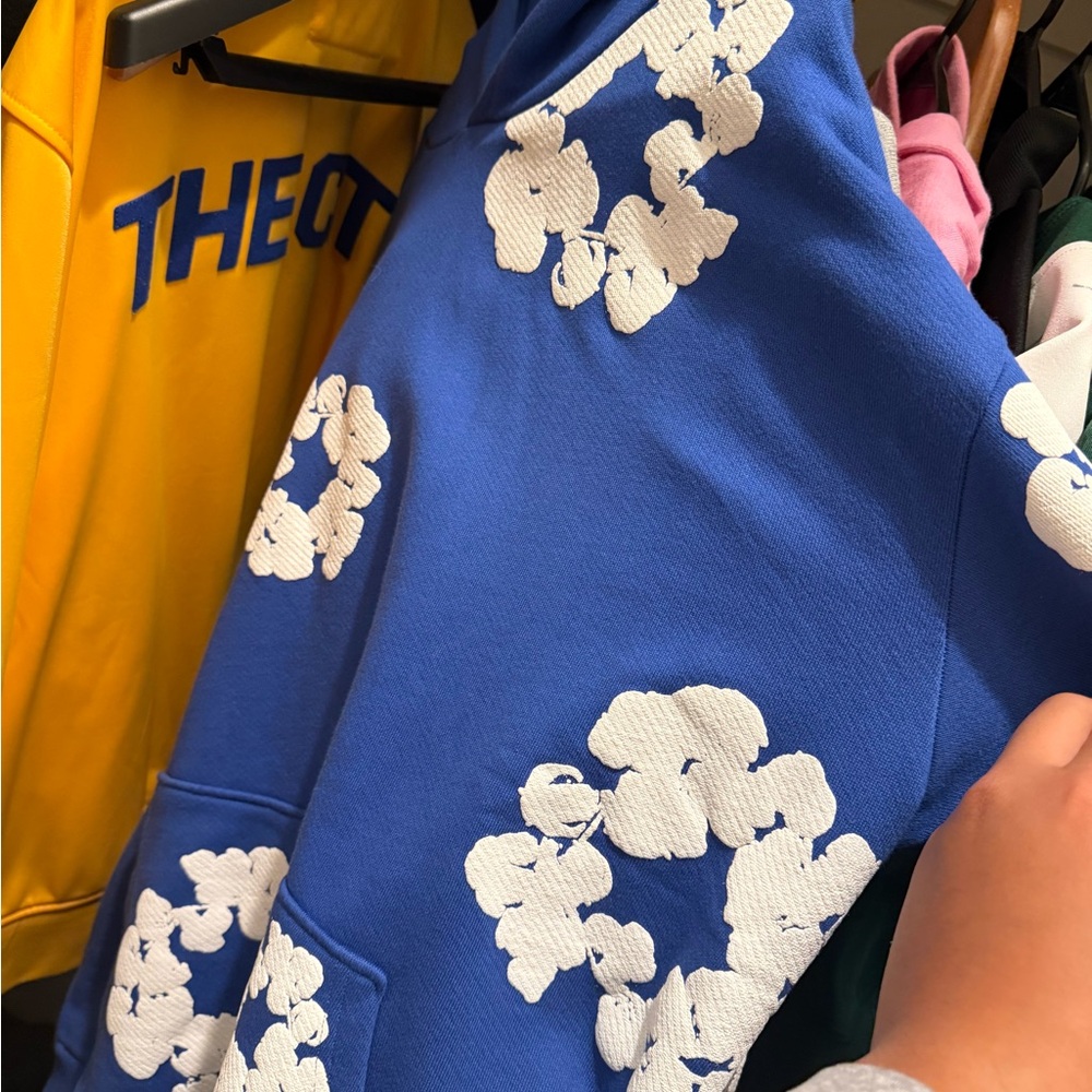 Blue Floral Hoodie with White Accents